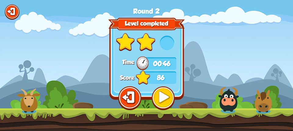 Level completed: two stars, time and score, friends hopping on the grass